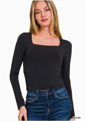 Square Neck Fitted Long Sleeve Tee, Blk