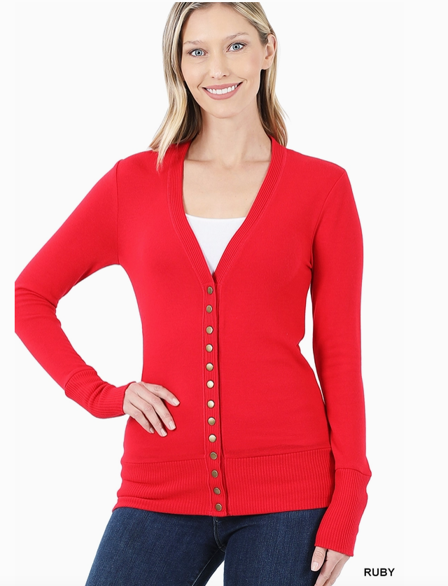 Snap Button Sweater Cardigan, Ruby