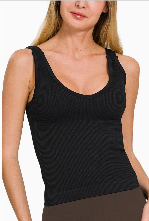 Ribbed Bra Padded V-Neck Tank Top, Black