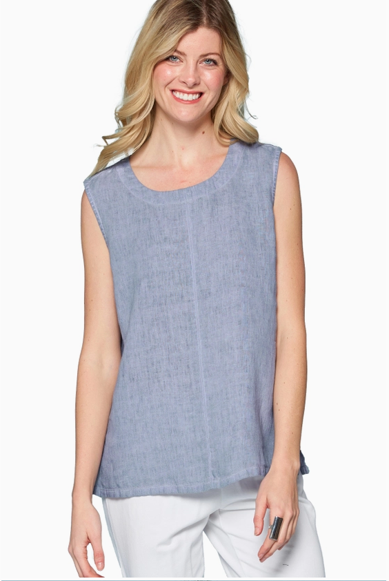 French Linen Round Neck Tank Top, Bluestone