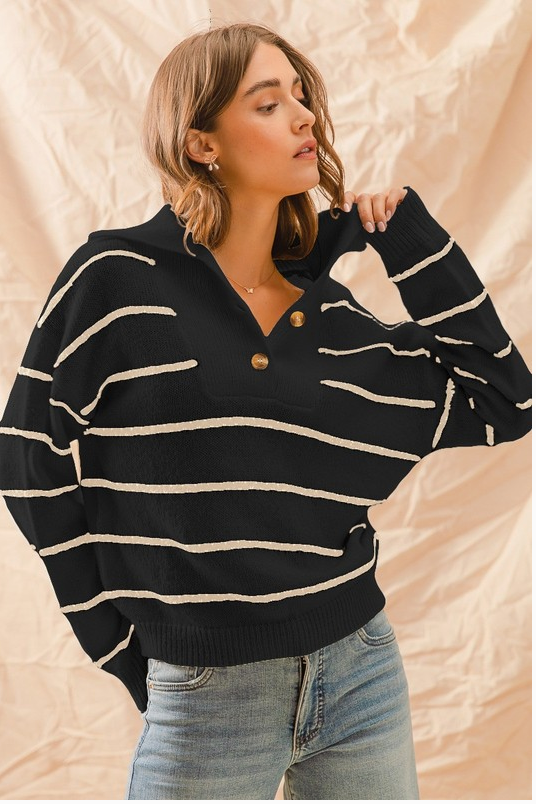 Stripe Shawl Collar Sweater Top, Black/Ivory