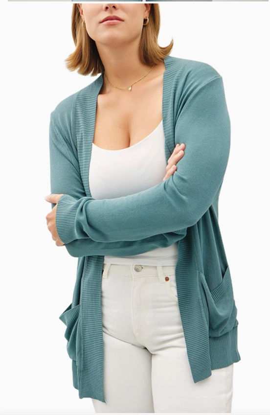 Cotton Blend Knit Open Front Cardigan, Teal