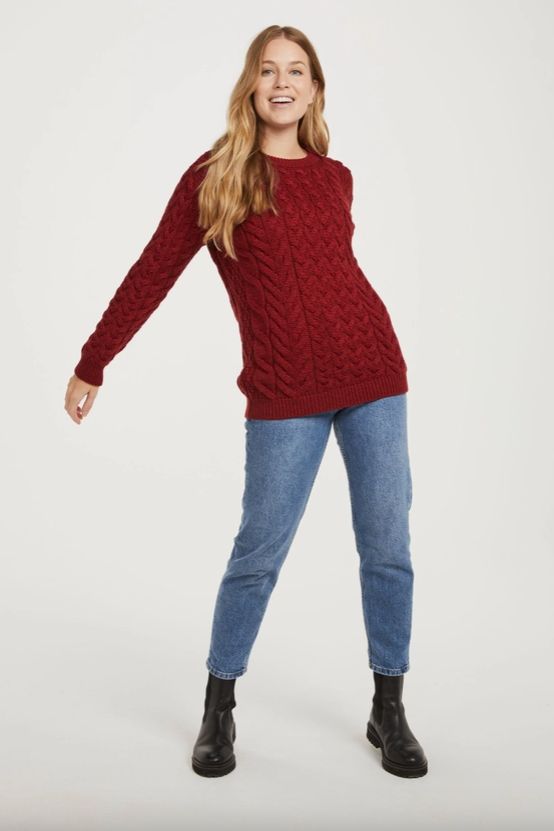 Omey Ladies Aran Crew Neck Sweater, Red