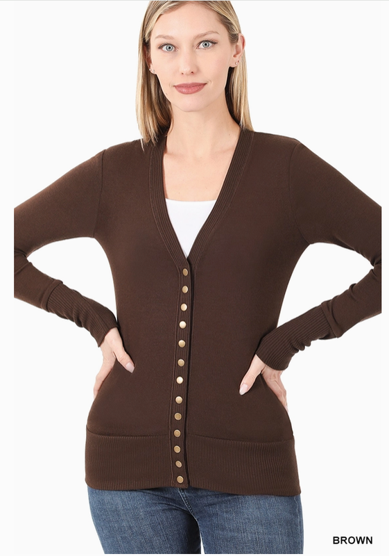 Snap Button Sweater Cardigan, Brown