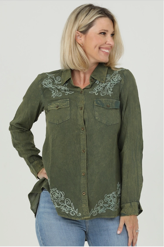 Embroidered Button Front Hi Lo Hem Shirt, Olive