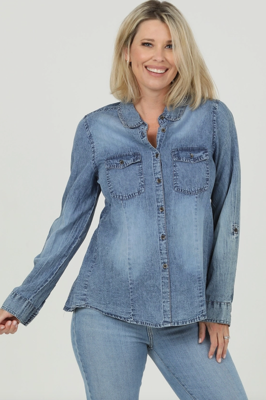 Denim Button Up Shirt W/ Embroidered Back Detail