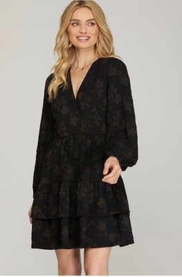 Floral Pattern Surplice Tiered Dress, Black