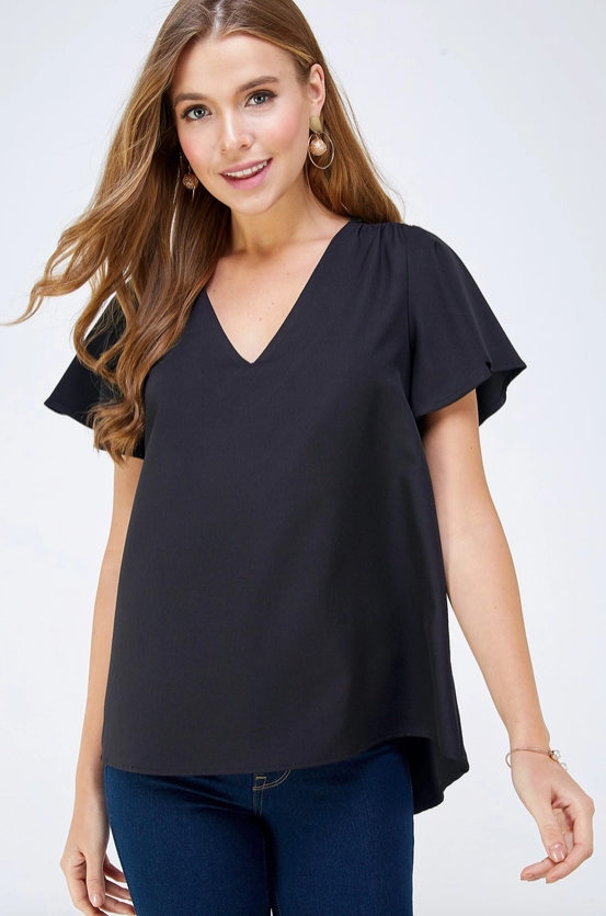 Woven V Neck Flutter Sleeve Top, Black