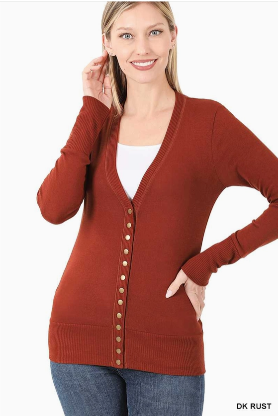 Snap Button Sweater Cardigan, Dk Rust