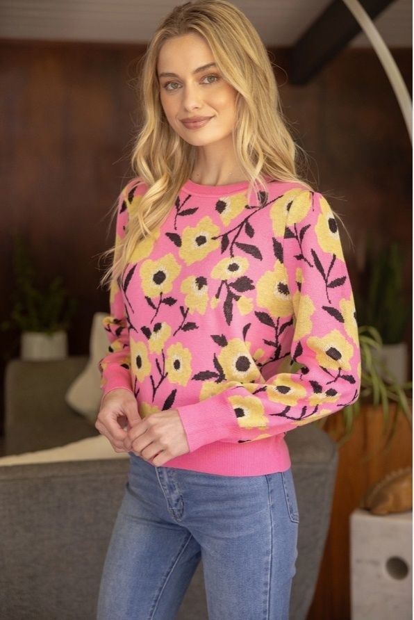 Floral Printed Long Sleeve Knit Top, Pink