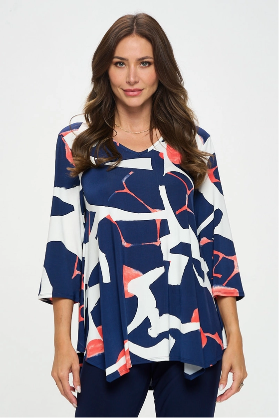 3/4 Sleeve Printed V-Neck Blouse, Deep Lava