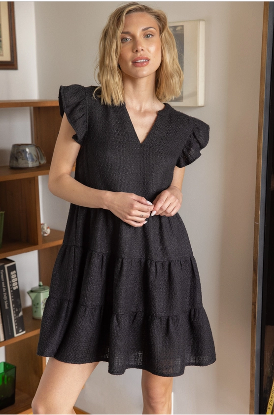 Tweed Ruffle Sleeve Tiered Dress, Black