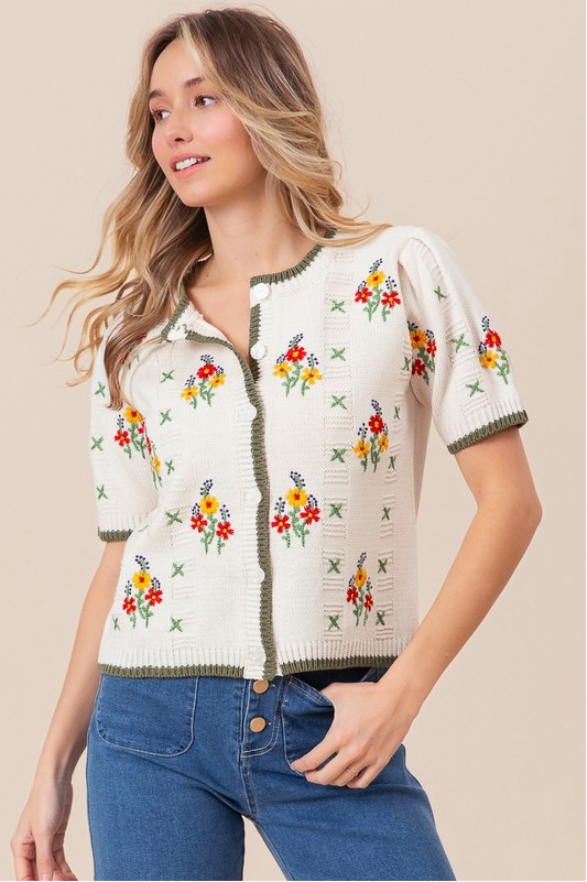 Flower Embroidery Sweater Cardigan, Ivory/Olive