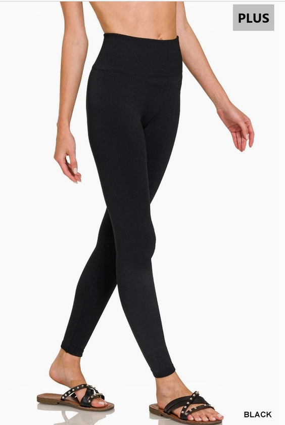 High Waist Diamond Shape Band Fleece Leggings, Black