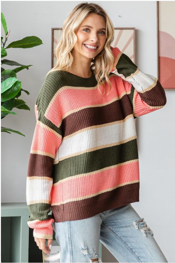 Striped Long Sleeve Knit Sweater, PCH/OLV