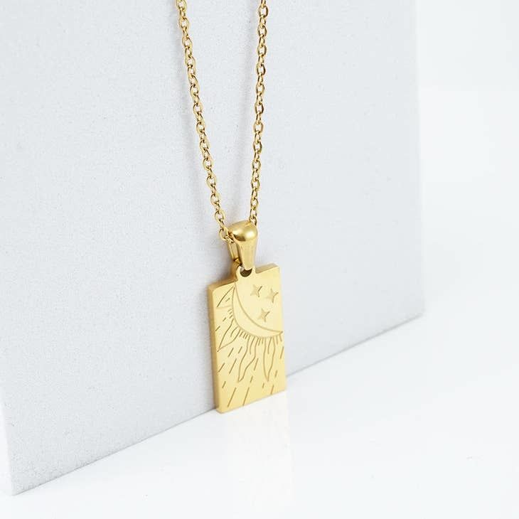 18K Gold-plated Stainless Steel Tarot Card Pendant Necklace, Sun