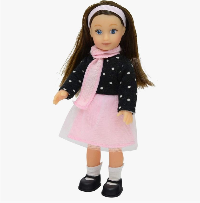 6.5&quot; Mini Posable Doll-Polka Dot Top with Pink Skirt