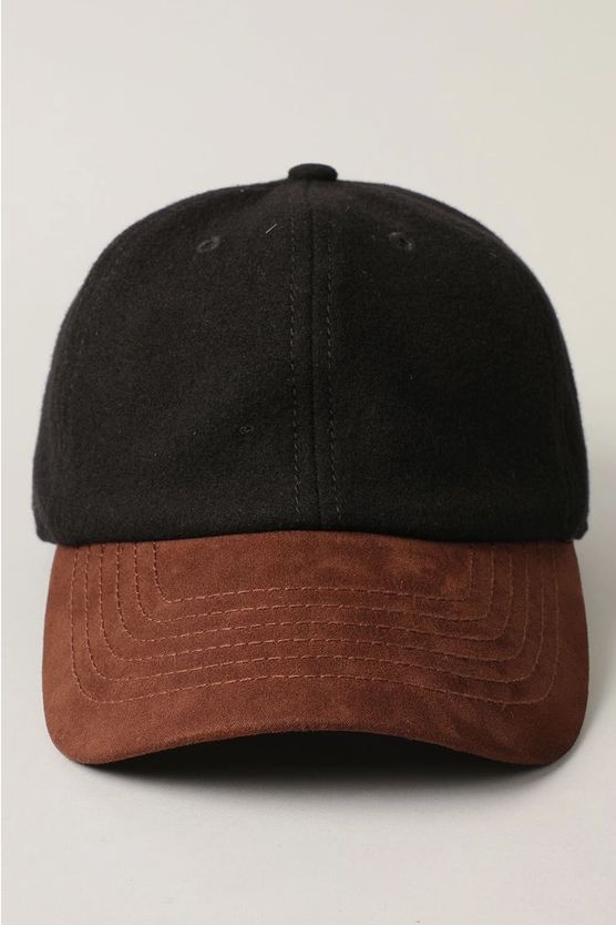 Wool Blend Ballcap W/ Suede Visor, Blk/Brwn
