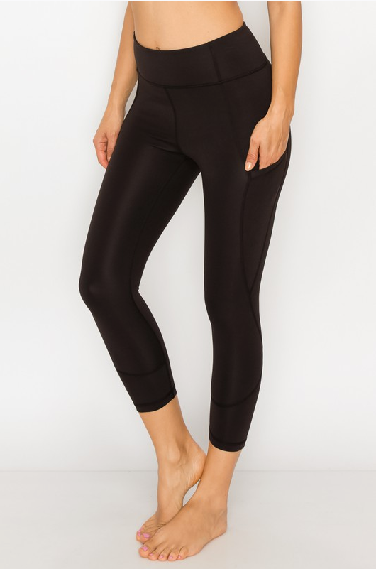 High Waist Capri Pants with Side Pockets, Color: Black, Size: S