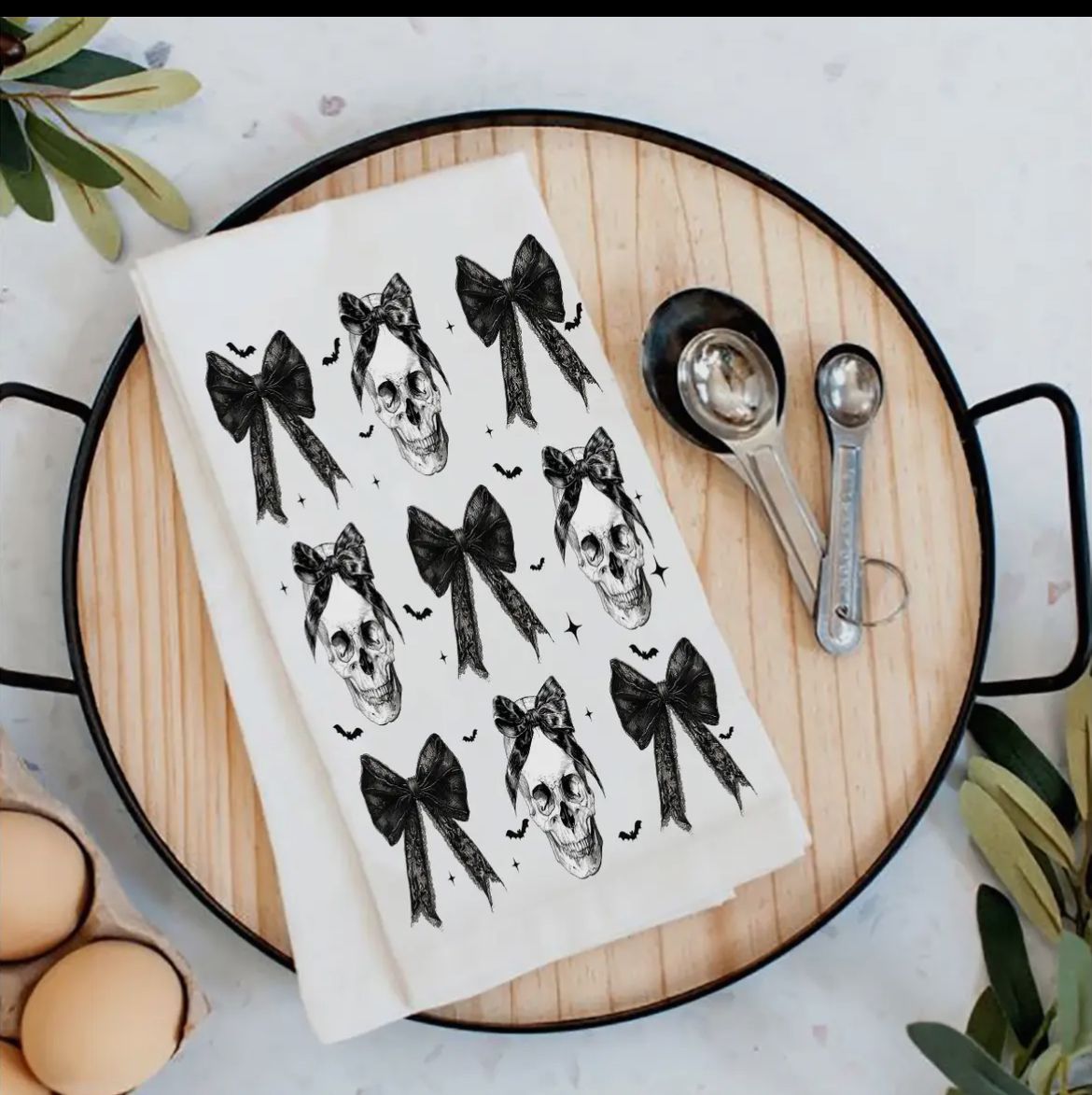 Skeletons &amp; Bows Tea Towel