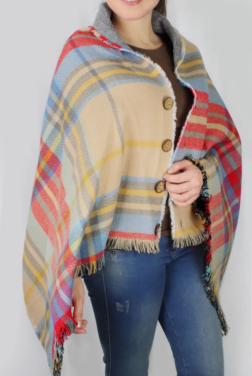 Tartan Reversible Button Poncho, Beige