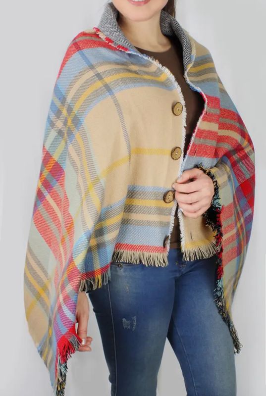 Tartan Reversible Button Poncho, Beige