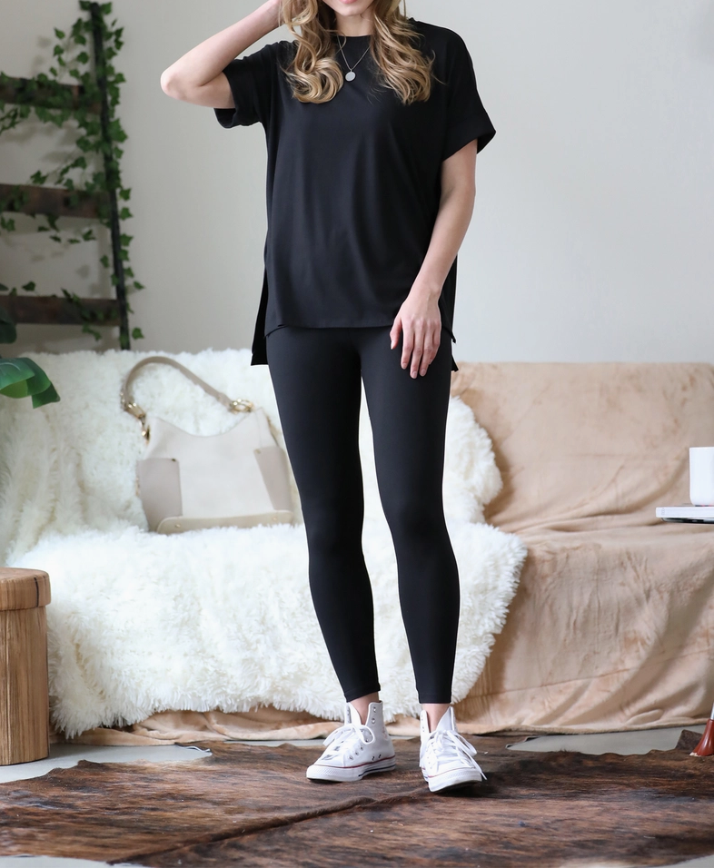 Brushed Dty Microfiber Loungewear Set, Color: Black, Size: S