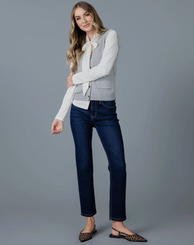 V-Neck Cardigan Vest, Heather Grey