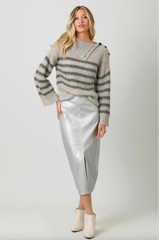 Buttoned Turtle Neck Striped Sweater, Stone