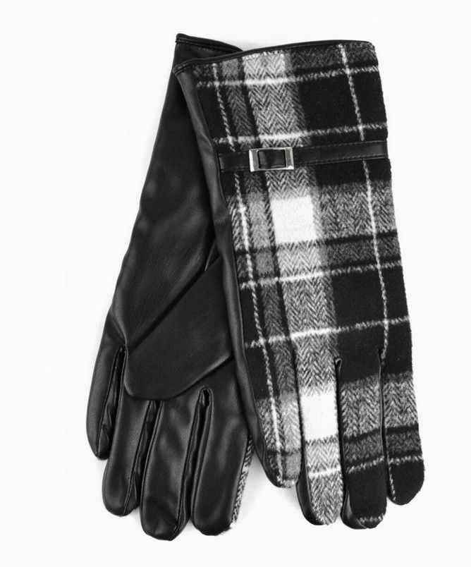 Plaid and Pu Leather Touch Screen Gloves, OS, Black Plaid