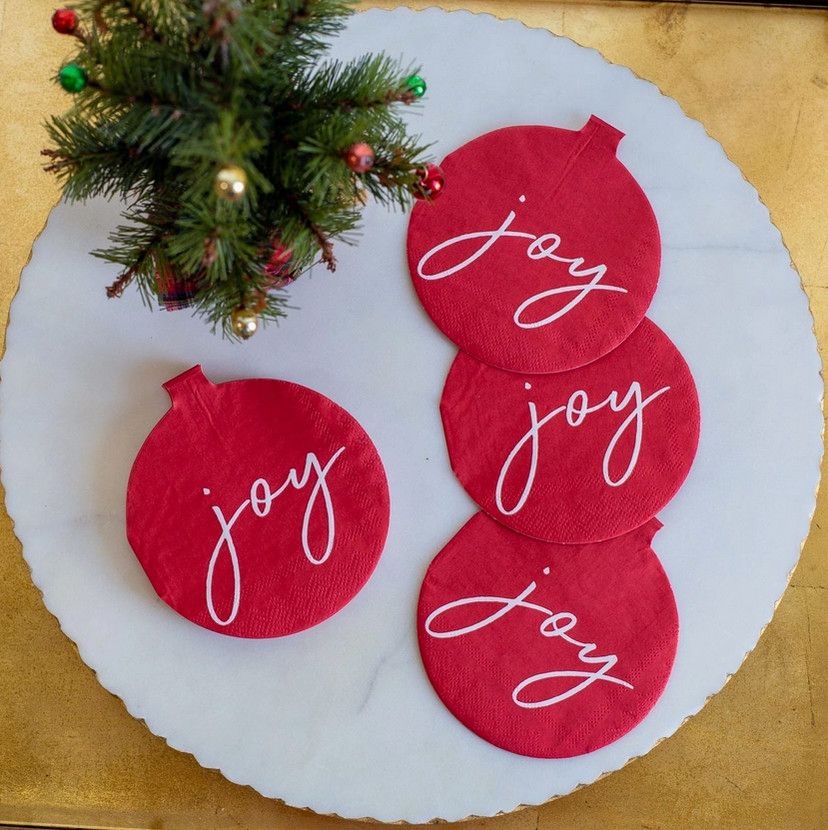 Joy Ornament Shaped Cocktail Napkins Red/White 5&quot;