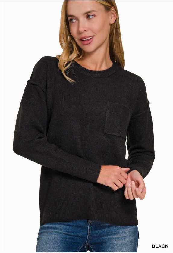 Melange Hi-Low Hem Pocket Round Neck Sweater, Color: Black, Size: S/M