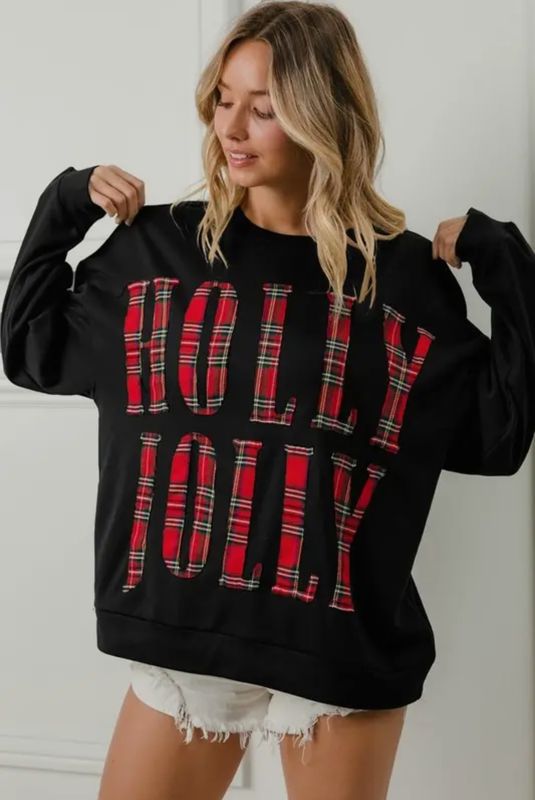 Plaid Holly Jolly Lettering Christmas Sweatshirt