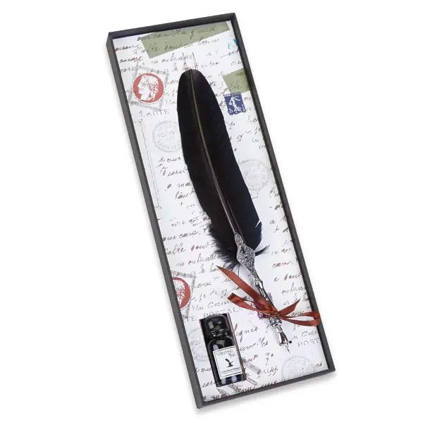 Pewter Decorated Feather Nib Pen &amp; Ink Set, Color: Black