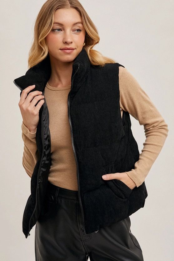 Zipper Front Corduroy Puffer Vest , Color: Black, Size: S