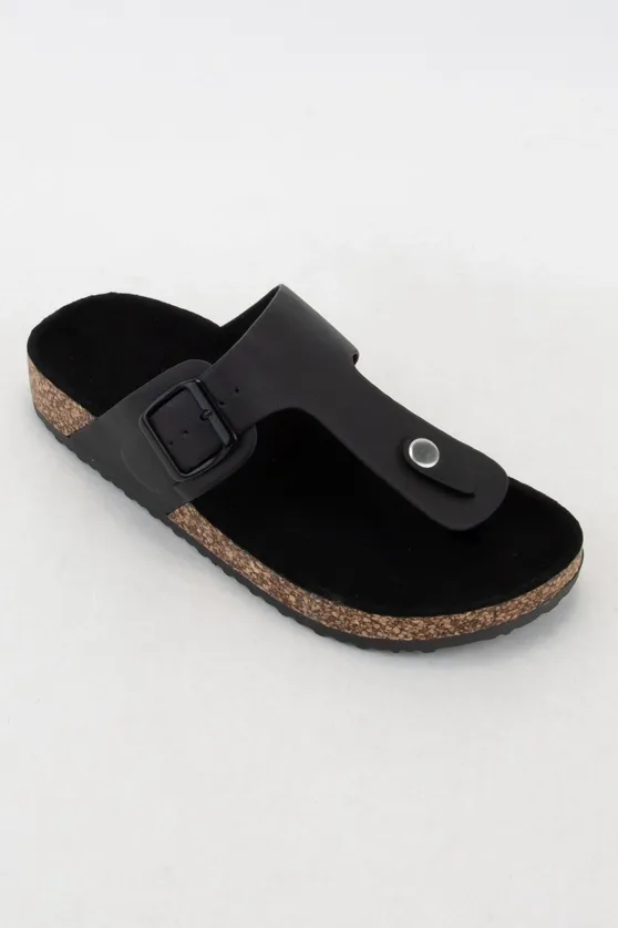 Audrina T-Shape Cut Out Upper Thong Style Slide Sandal, Color: Black, Size: 5