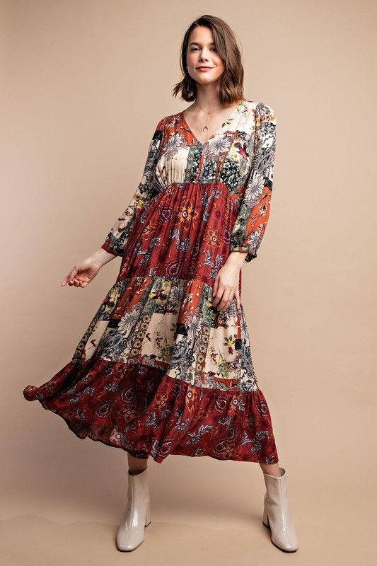 Mixed Print Midi Dress with Keyhole