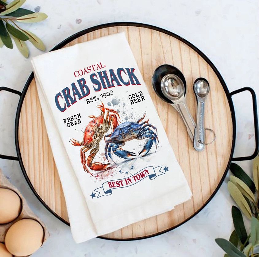 Coastal Beach Crab Shack Flour Sack Tea Towel