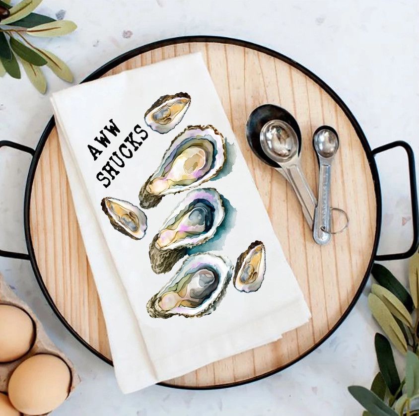 Oysters Aw Shucks Coastal Beach Flour Sack Tea Towel