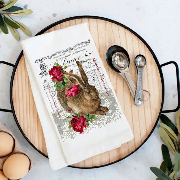 Vintage French Bunny Roses Spring Cotton Tea Towels