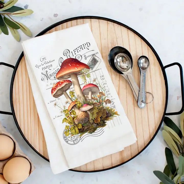 Vintage French Red &amp; White Mushrooms Flour Sack Tea Towel