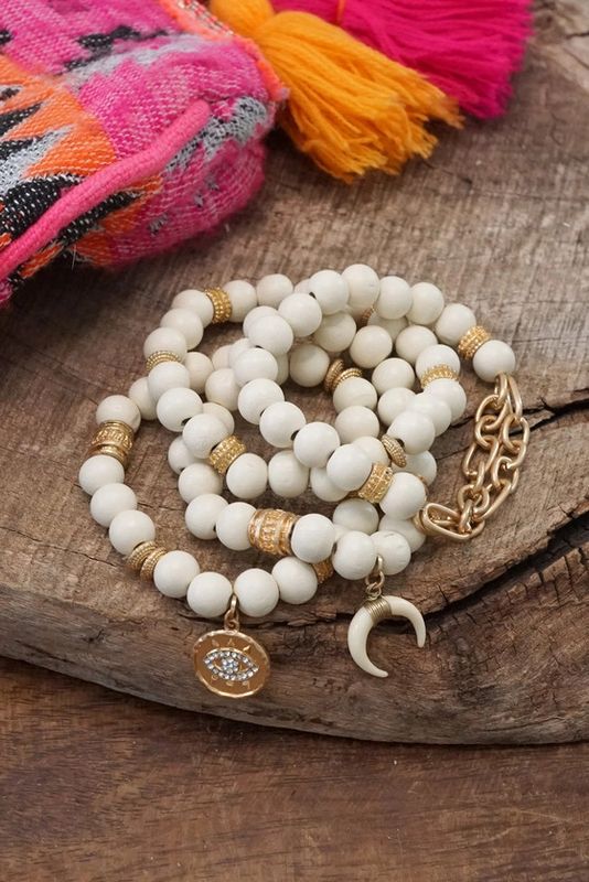 Beaded Boho Bracelets, Set of 4 Gold Coin Cream Wood Beads