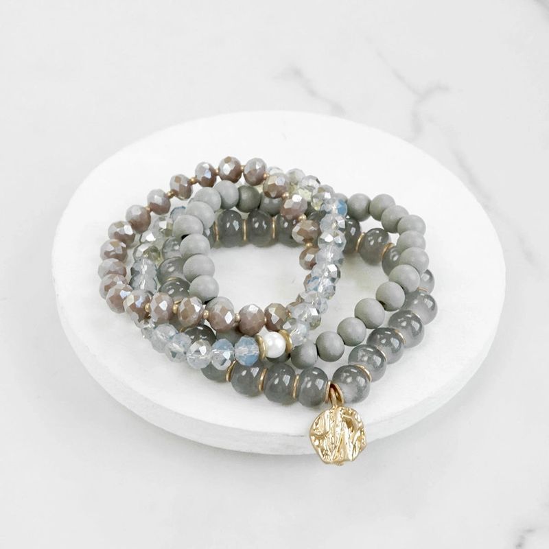 Beaded Bracelet Set, Coin Charm in Greys