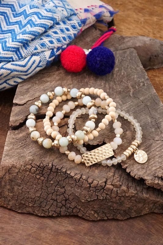 Beaded Bracelets, Set of 4, Coin Wood &amp; Amazonite
