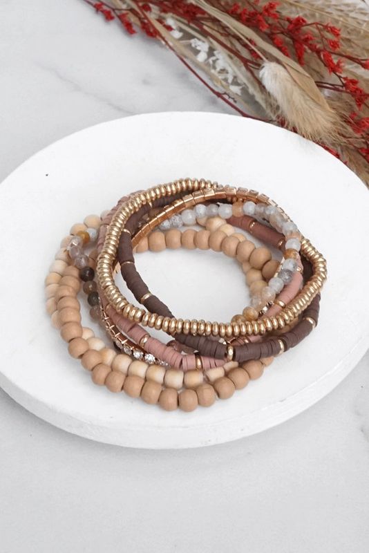 Beaded Bracelets, Stack of 7, in Neutral Tones