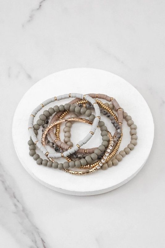 Beaded Bracelets, Stack of 7, in Grey Tones