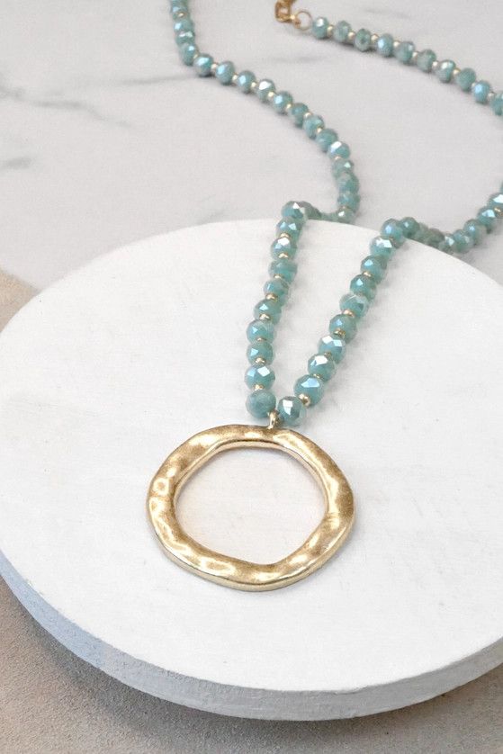 Beaded Necklace W/ Gold Tone Circle Pendant, Aqua