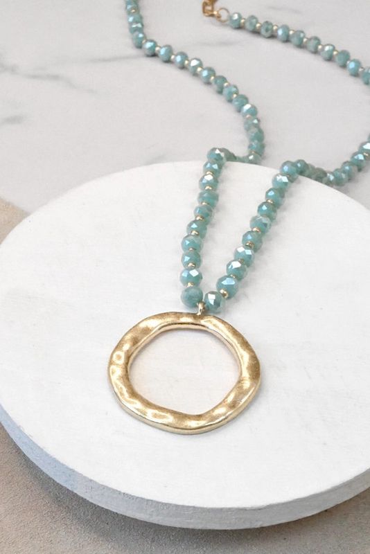 Beaded Necklace W/ Gold Tone Circle Pendant, Aqua