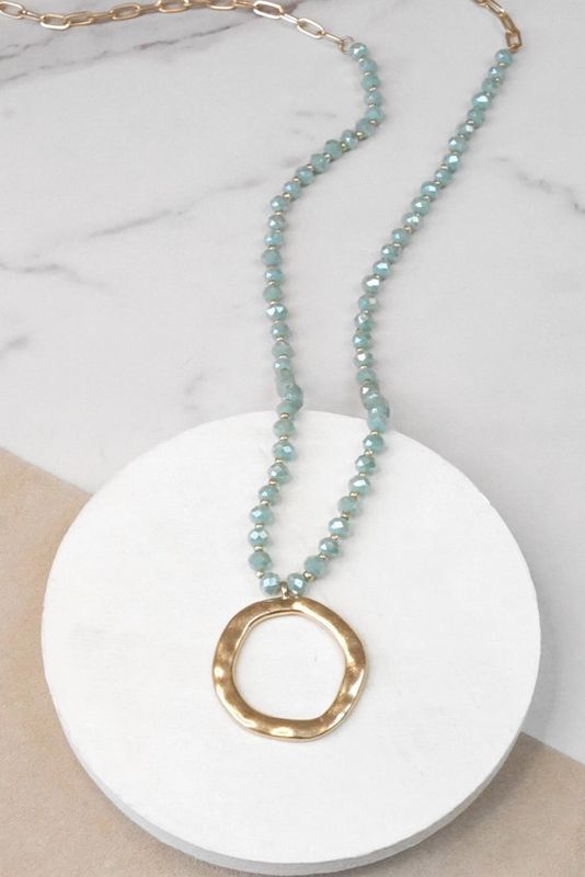 Beaded Necklace W/ Gold Tone Circle Pendant, Aqua