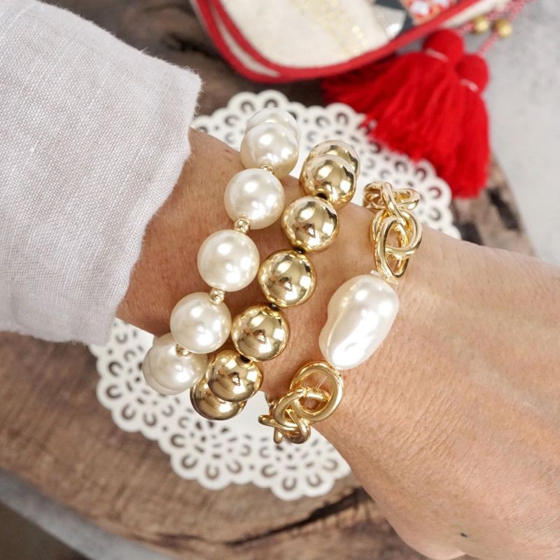 Chunky Chain &amp; Beads Bracelet Set, Pearlized, Large Golden Ball Beads